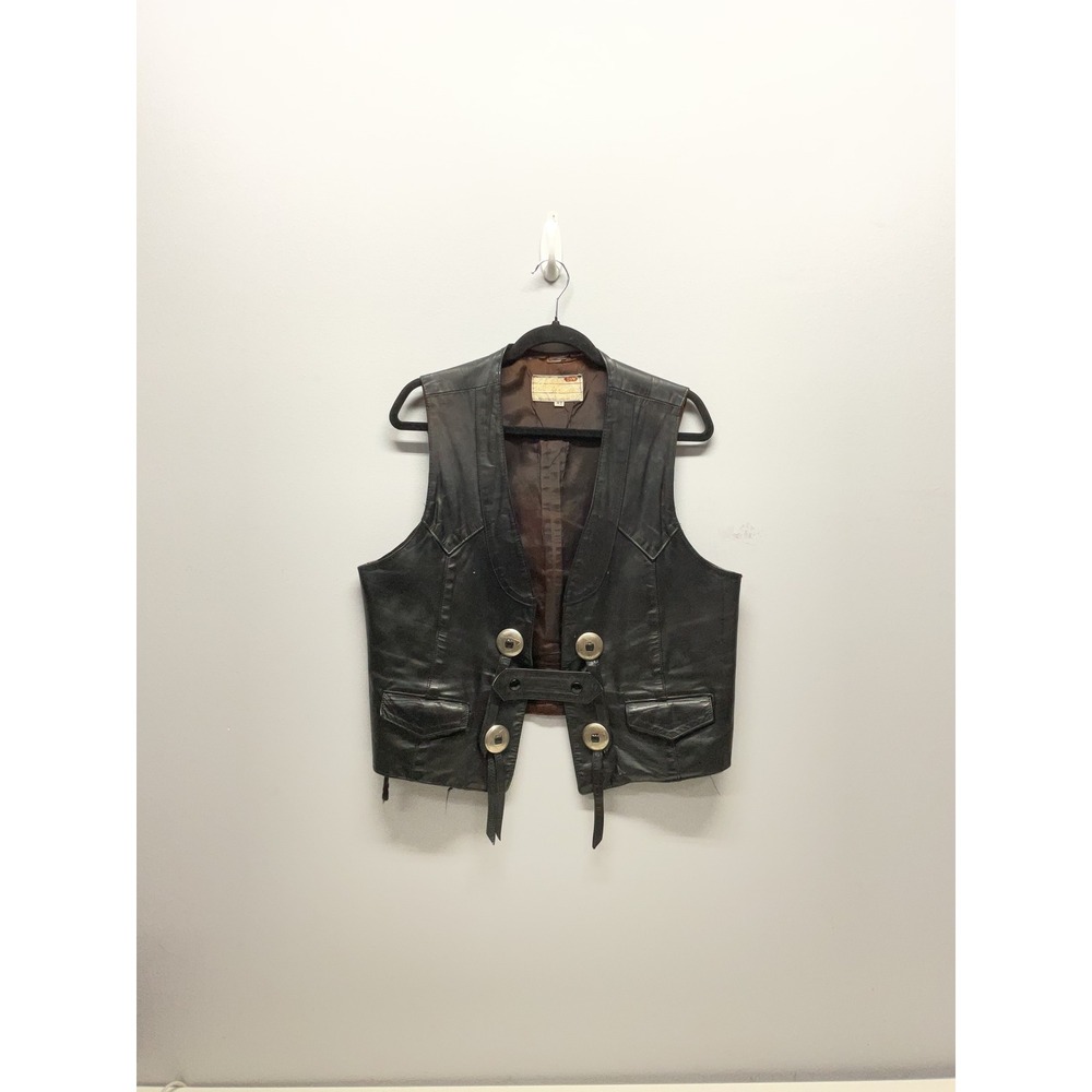 Vintage Black Leather Western Concho Fringe Vest Size 42 Biker